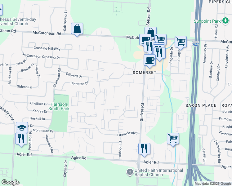 map of restaurants, bars, coffee shops, grocery stores, and more near 2656 Glenbar Court in Columbus