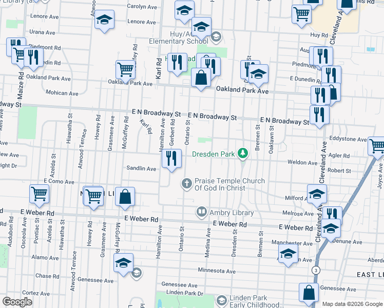 map of restaurants, bars, coffee shops, grocery stores, and more near 2996 Ontario Street in Columbus