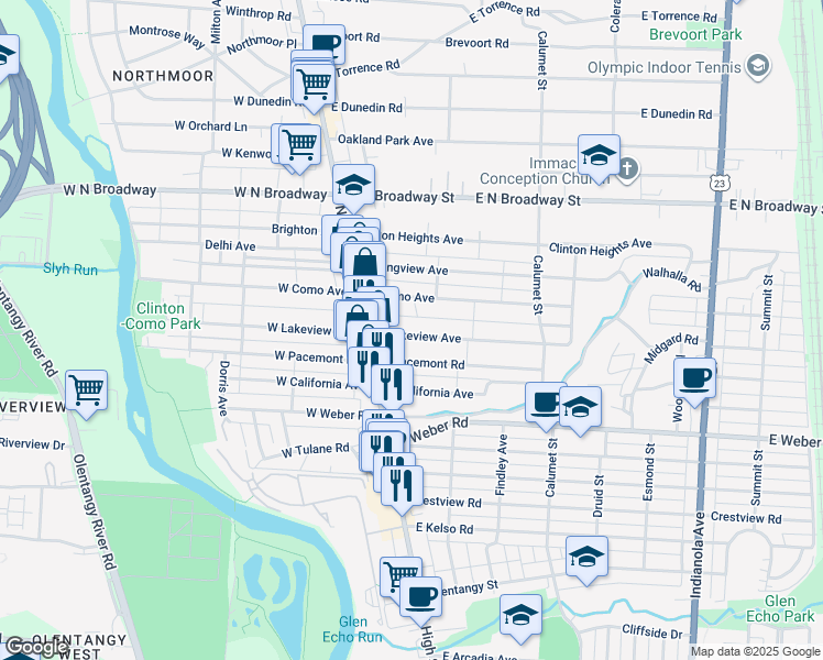 map of restaurants, bars, coffee shops, grocery stores, and more near 54 East Lakeview Avenue in Columbus
