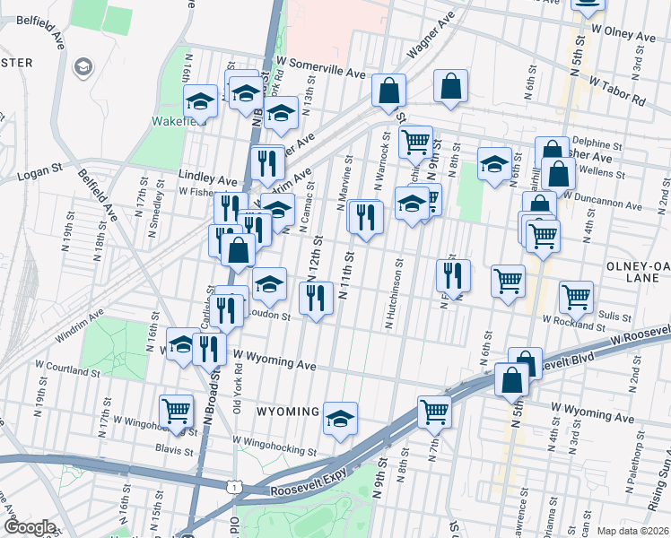 map of restaurants, bars, coffee shops, grocery stores, and more near 4913 North Marvine Street in Philadelphia