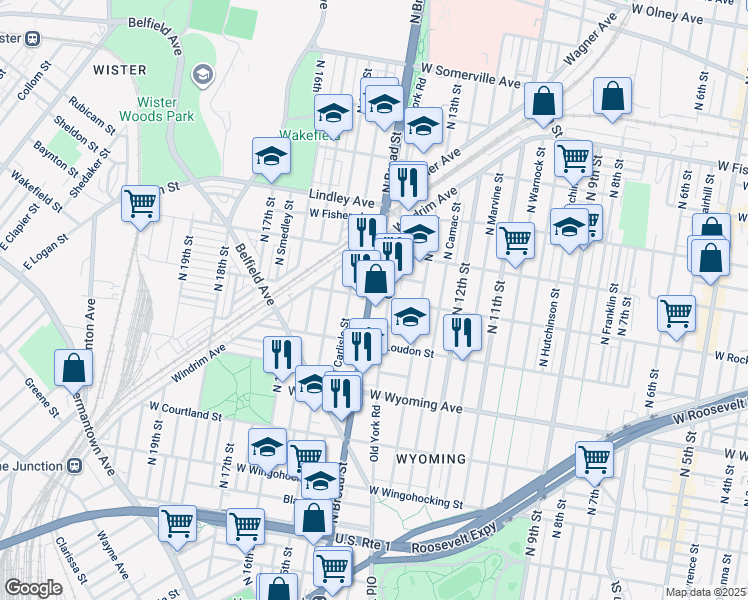 map of restaurants, bars, coffee shops, grocery stores, and more near 1360 West Rockland Street in Philadelphia