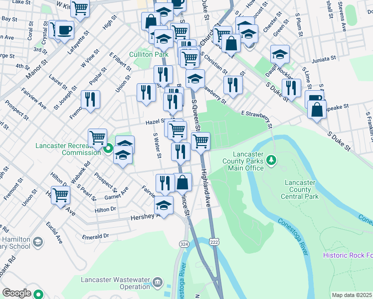 map of restaurants, bars, coffee shops, grocery stores, and more near 610 Beaver Street in Lancaster