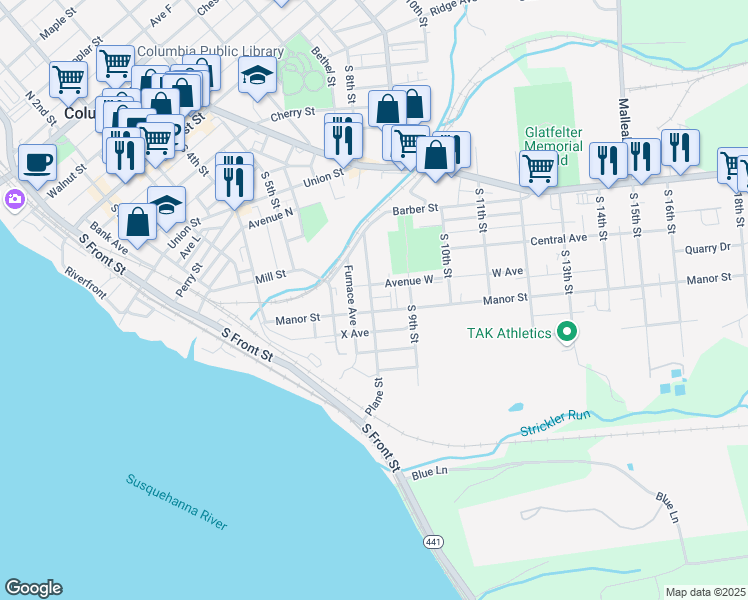 map of restaurants, bars, coffee shops, grocery stores, and more near 665 Plane Street in Columbia
