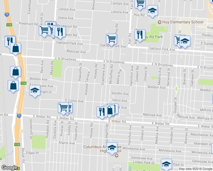 map of restaurants, bars, coffee shops, grocery stores, and more near 3017 Mcguffey Road in Columbus