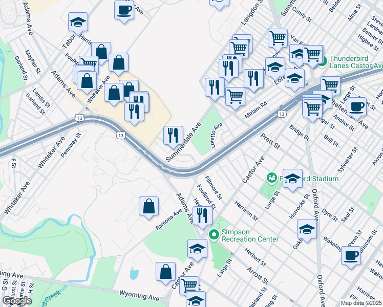 map of restaurants, bars, coffee shops, grocery stores, and more near 4820 Fillmore Terrace in Philadelphia