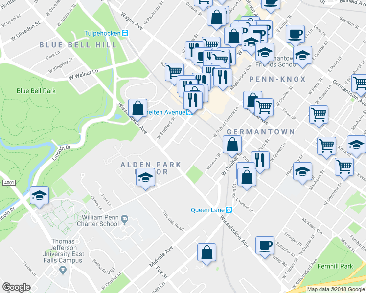 map of restaurants, bars, coffee shops, grocery stores, and more near 450 West Woodlawn Street in Philadelphia