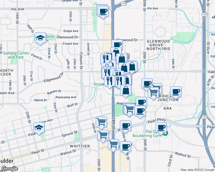 map of restaurants, bars, coffee shops, grocery stores, and more near 2765 28th Street in Boulder