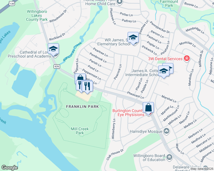 map of restaurants, bars, coffee shops, grocery stores, and more near 1 Peacock Lane in Willingboro