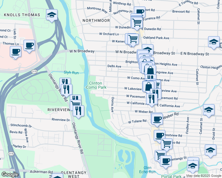 map of restaurants, bars, coffee shops, grocery stores, and more near 203 West Lakeview Avenue in Columbus