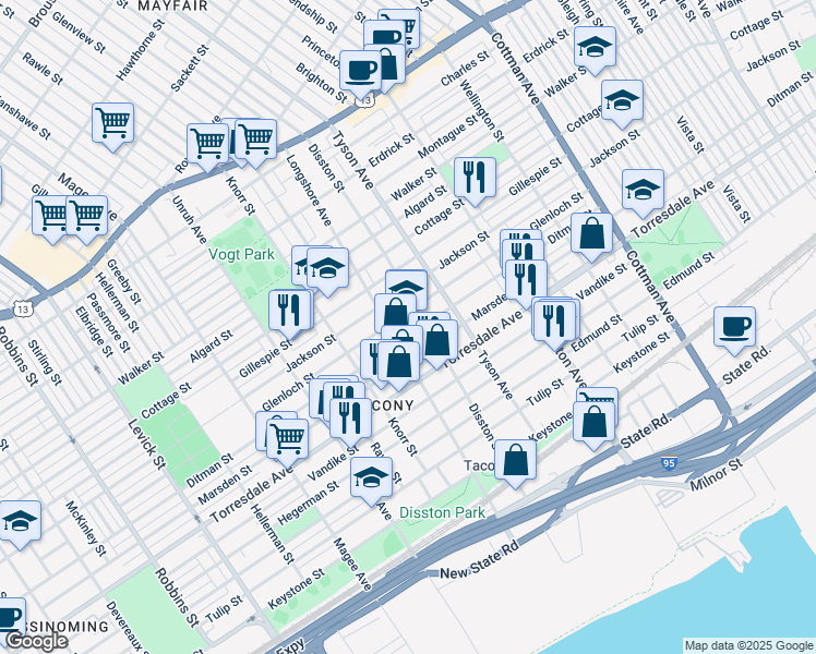 map of restaurants, bars, coffee shops, grocery stores, and more near 4521 Longshore Avenue in Philadelphia