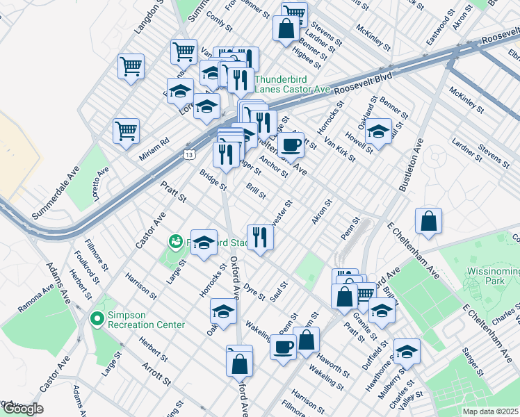 map of restaurants, bars, coffee shops, grocery stores, and more near 1163 Bridge Street in Philadelphia