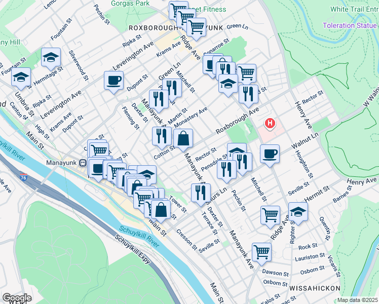 map of restaurants, bars, coffee shops, grocery stores, and more near 305 Roxborough Avenue in Philadelphia