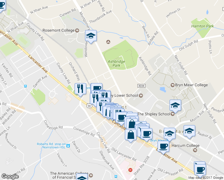 map of restaurants, bars, coffee shops, grocery stores, and more near 55 Rosemont Avenue in Bryn Mawr