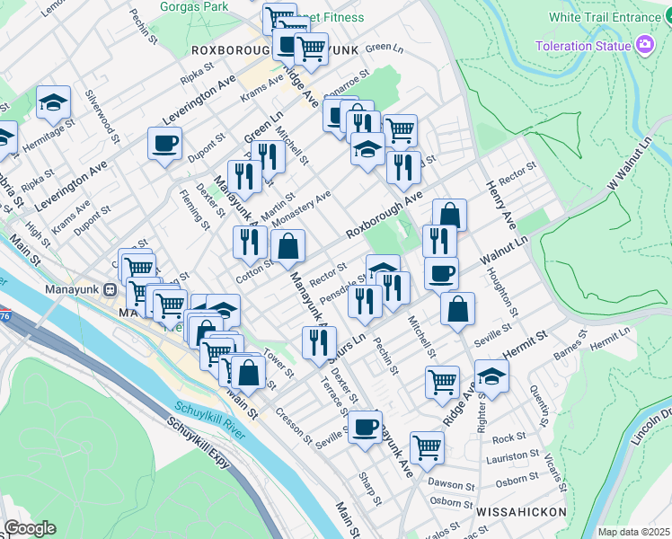 map of restaurants, bars, coffee shops, grocery stores, and more near Rector Street in Philadelphia