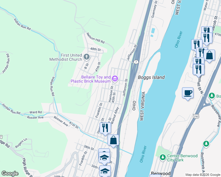 map of restaurants, bars, coffee shops, grocery stores, and more near 4505 Harrison Street in Bellaire