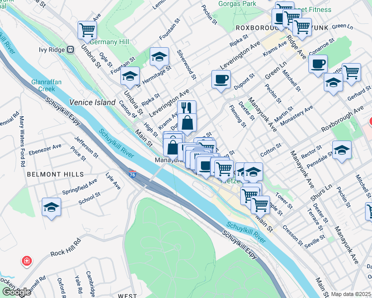 map of restaurants, bars, coffee shops, grocery stores, and more near 4445 Baker Street in Philadelphia
