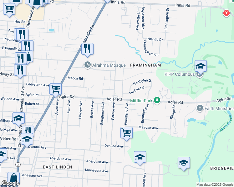 map of restaurants, bars, coffee shops, grocery stores, and more near 2870 Perdue Avenue in Columbus