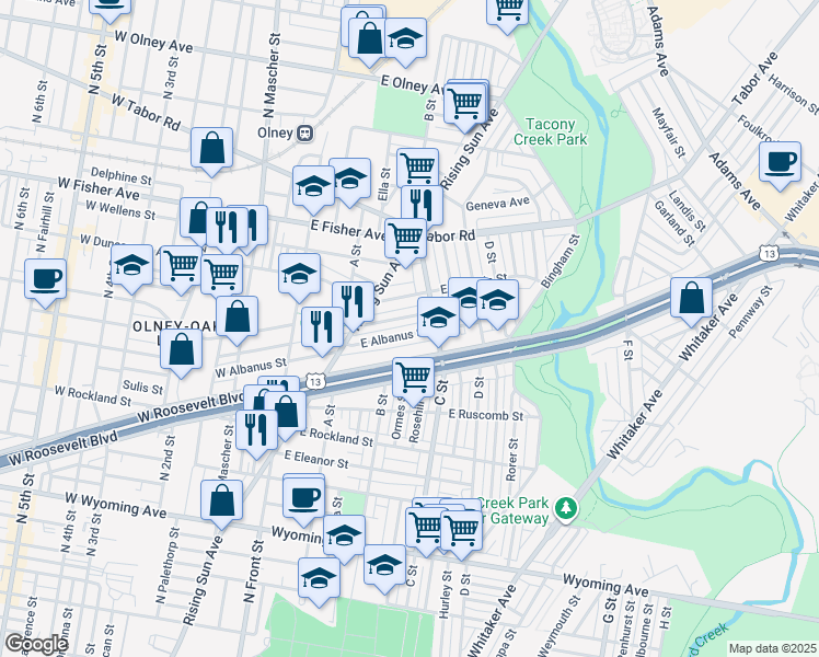 map of restaurants, bars, coffee shops, grocery stores, and more near 329 East Albanus Street in Philadelphia