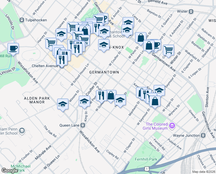 map of restaurants, bars, coffee shops, grocery stores, and more near 5323 Newhall Street in Philadelphia