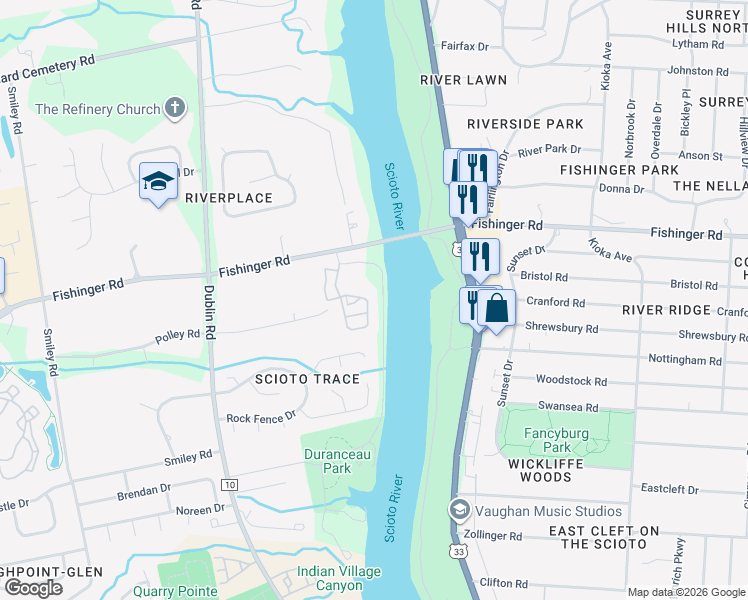 map of restaurants, bars, coffee shops, grocery stores, and more near 3450 River Rhone Lane in Columbus
