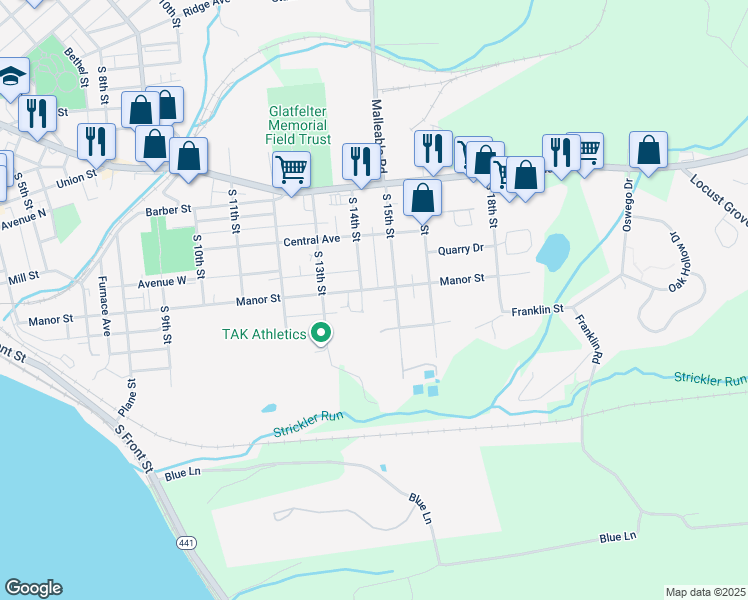 map of restaurants, bars, coffee shops, grocery stores, and more near 1424 Manor Street in Columbia