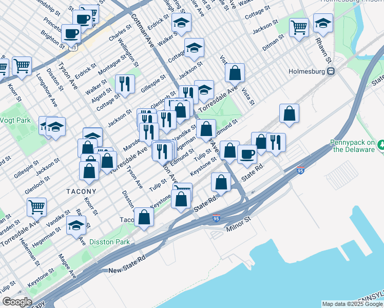 map of restaurants, bars, coffee shops, grocery stores, and more near 7159 Edmund Street in Philadelphia