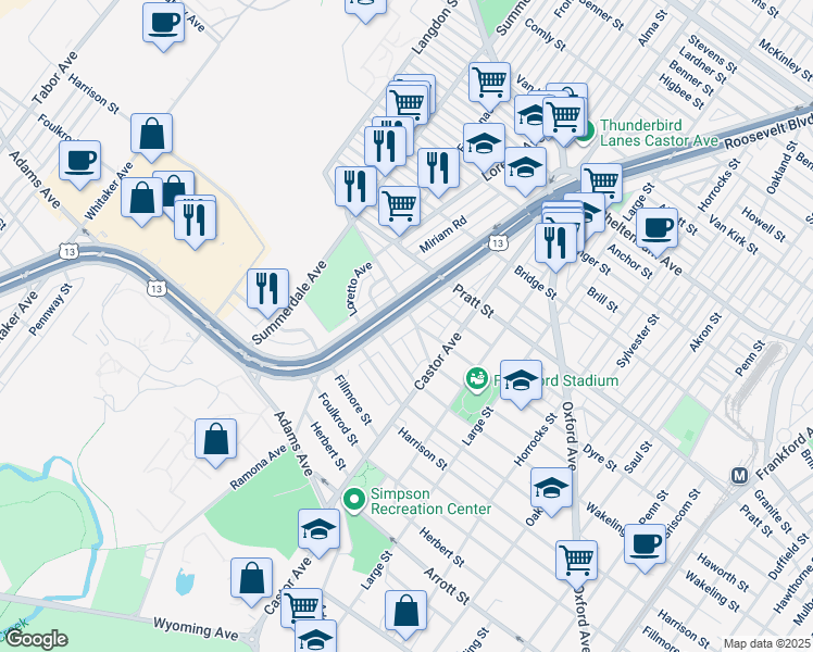 map of restaurants, bars, coffee shops, grocery stores, and more near 5017 East Roosevelt Boulevard in Philadelphia