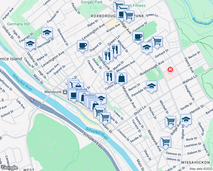 map of restaurants, bars, coffee shops, grocery stores, and more near 4330 Fleming Street in Philadelphia