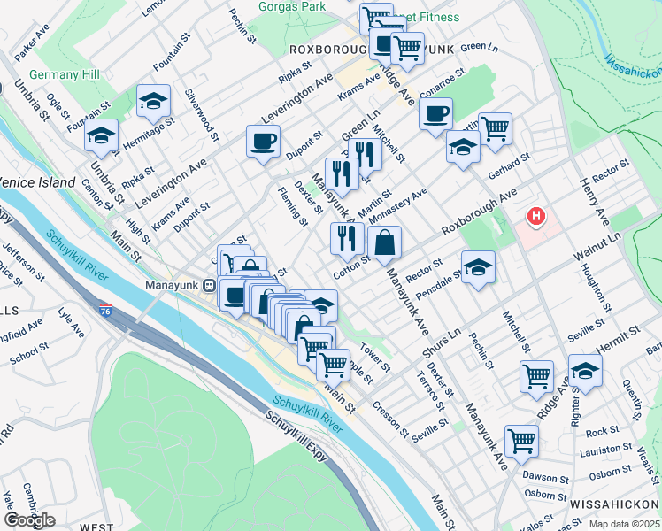 map of restaurants, bars, coffee shops, grocery stores, and more near 4331 Terrace Street in Philadelphia