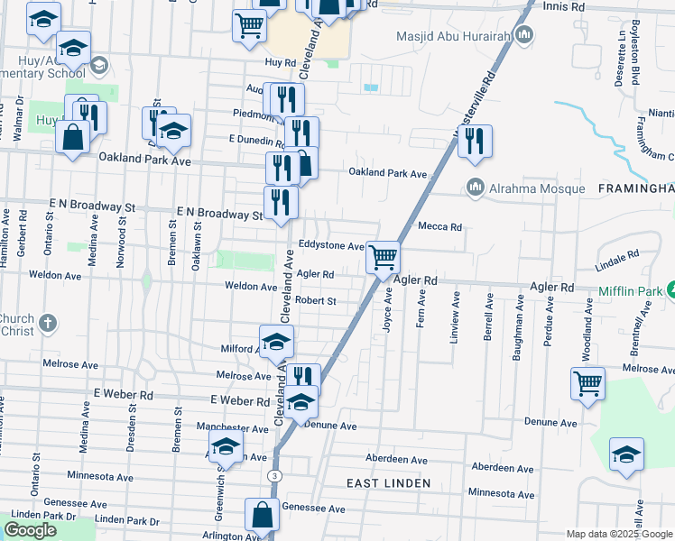 map of restaurants, bars, coffee shops, grocery stores, and more near 1880 Agler Road in Columbus