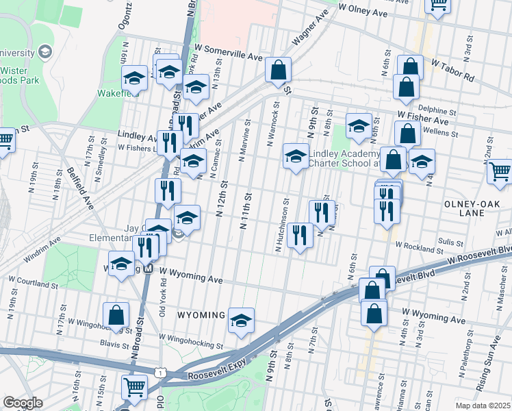 map of restaurants, bars, coffee shops, grocery stores, and more near 4930 North Warnock Street in Philadelphia