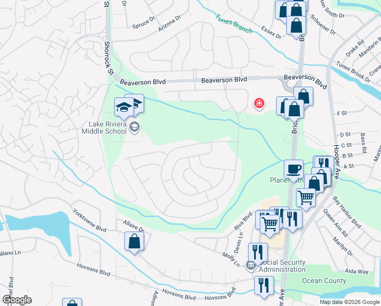 map of restaurants, bars, coffee shops, grocery stores, and more near 99 Lauren Lane North in Brick Township