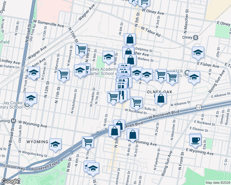 map of restaurants, bars, coffee shops, grocery stores, and more near 513 West Ruscomb Street in Philadelphia