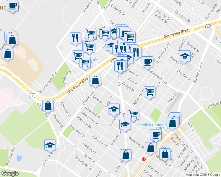map of restaurants, bars, coffee shops, grocery stores, and more near 1067 Pratt Street in Philadelphia