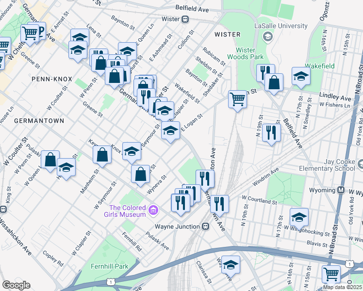 map of restaurants, bars, coffee shops, grocery stores, and more near 17 West Rockland Street in Philadelphia