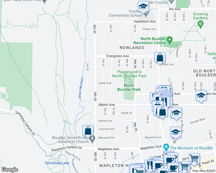 map of restaurants, bars, coffee shops, grocery stores, and more near 2873 6th Street in Boulder