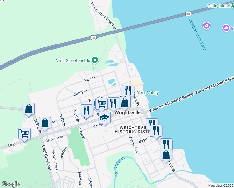 map of restaurants, bars, coffee shops, grocery stores, and more near 213 Walnut Street in Wrightsville