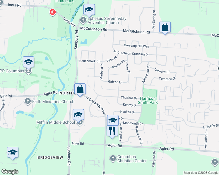 map of restaurants, bars, coffee shops, grocery stores, and more near 3130 Elmreeb Drive in Columbus