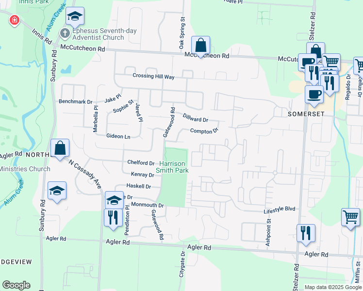 map of restaurants, bars, coffee shops, grocery stores, and more near 3355 Bodman Drive in Columbus