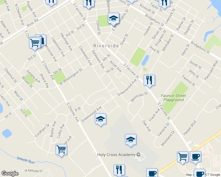 map of restaurants, bars, coffee shops, grocery stores, and more near 405 Oak Street in Riverside