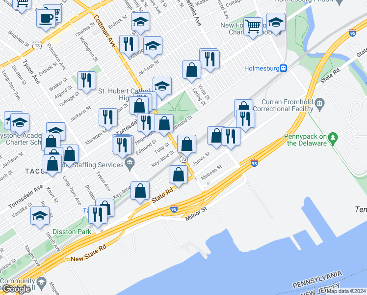 map of restaurants, bars, coffee shops, grocery stores, and more near 7303 Keystone Street in Philadelphia