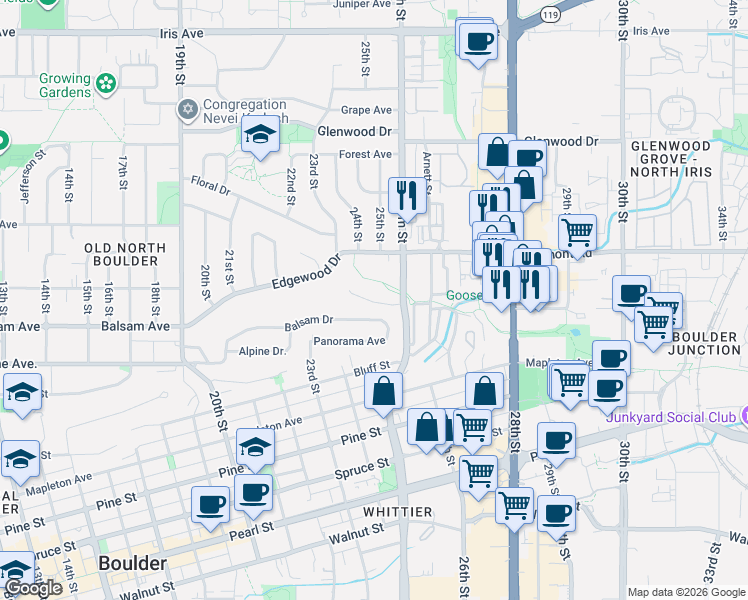 map of restaurants, bars, coffee shops, grocery stores, and more near 2727 Folsom Street in Boulder