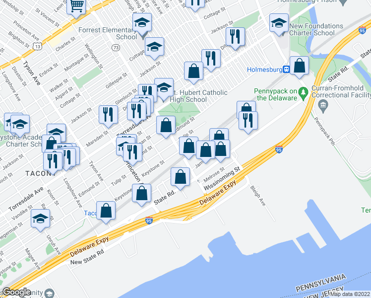 map of restaurants, bars, coffee shops, grocery stores, and more near 7301 Keystone Street in Philadelphia
