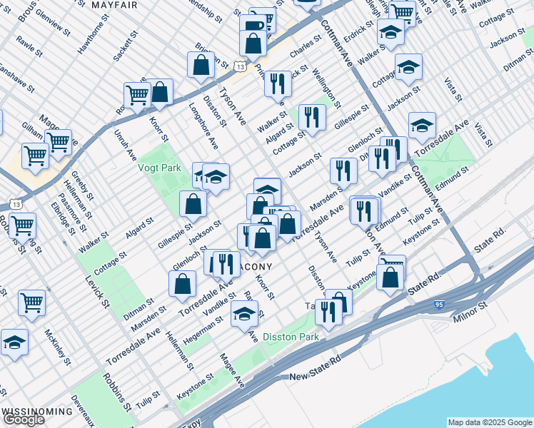 map of restaurants, bars, coffee shops, grocery stores, and more near 4521 Longshore Avenue in Philadelphia