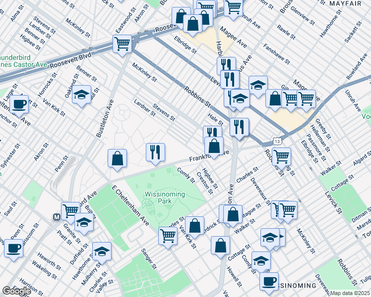 map of restaurants, bars, coffee shops, grocery stores, and more near 2900 Benner Street in Philadelphia