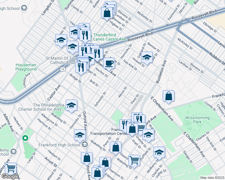 map of restaurants, bars, coffee shops, grocery stores, and more near 5347 Sylvester Street in Philadelphia