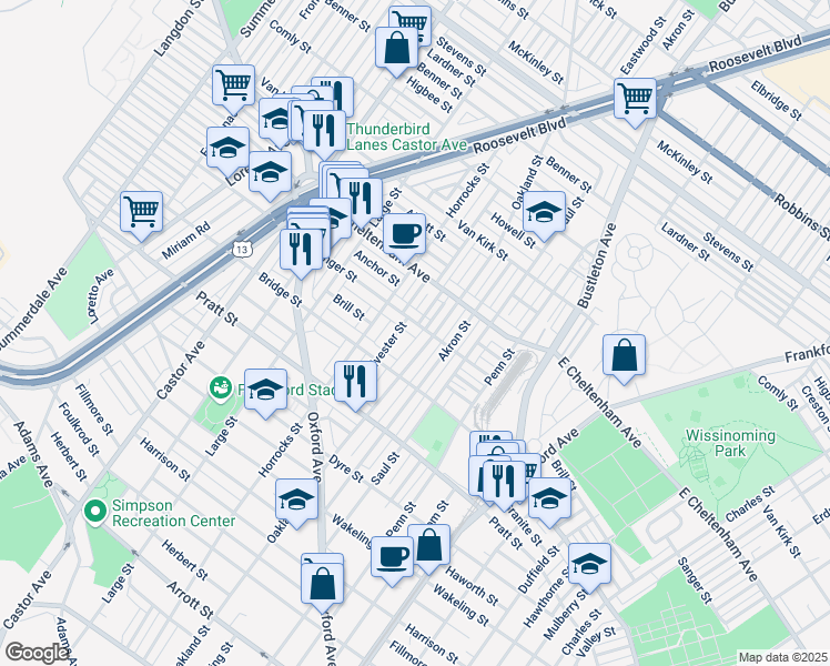 map of restaurants, bars, coffee shops, grocery stores, and more near 5347 Sylvester Street in Philadelphia