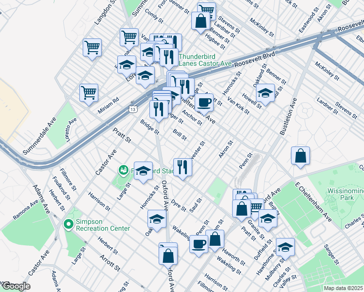 map of restaurants, bars, coffee shops, grocery stores, and more near 1161 Bridge Street in Philadelphia