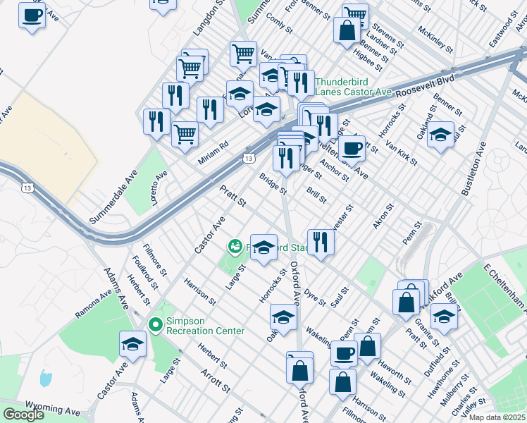 map of restaurants, bars, coffee shops, grocery stores, and more near 1067 Pratt Street in Philadelphia