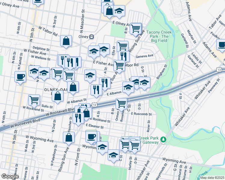 map of restaurants, bars, coffee shops, grocery stores, and more near 218 East Sheldon Street in Philadelphia